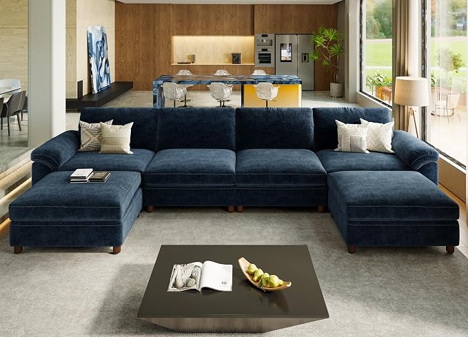SITJOY Large Cloud Couch, 149" Wide 4 Seater U Shape, Chenille in Navy Blue | Detachable and Washable Chenille Cover Sectional Sofas for Living Room, Deep Seat Wide Couch with Chaise, Storage Ottoman