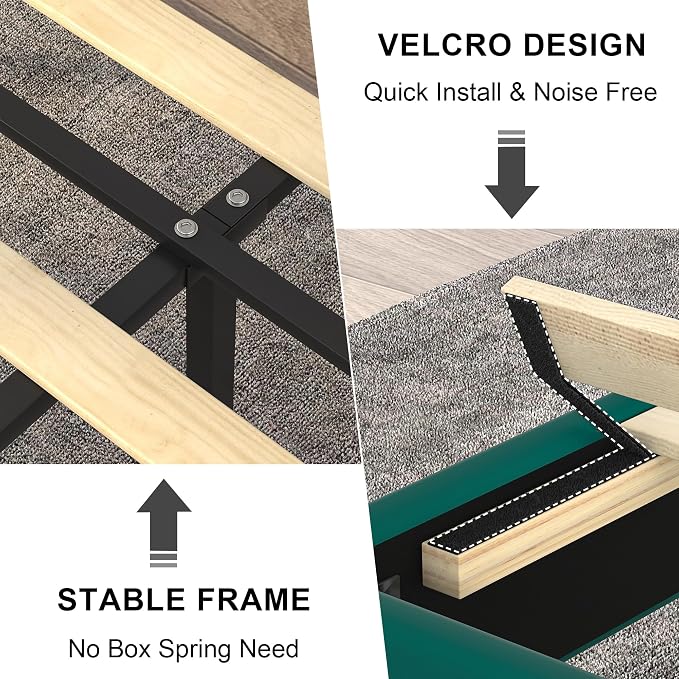 VECELO Full Size Bed Frame with Upholstered Headboard, Heavy-Duty Bedframe with Wooden Slats & Steel Framework, Easy Assembly, Dark Green
