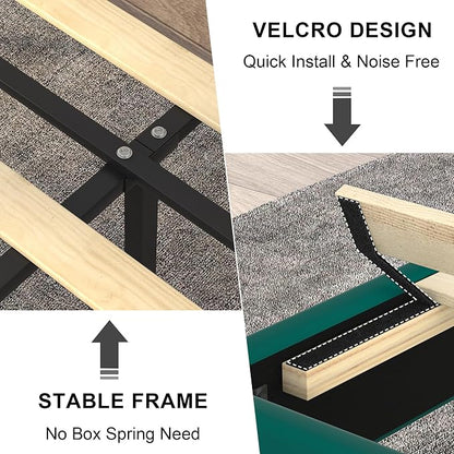 VECELO Full Size Bed Frame with Upholstered Headboard, Heavy-Duty Bedframe with Wooden Slats & Steel Framework, Easy Assembly, Dark Green
