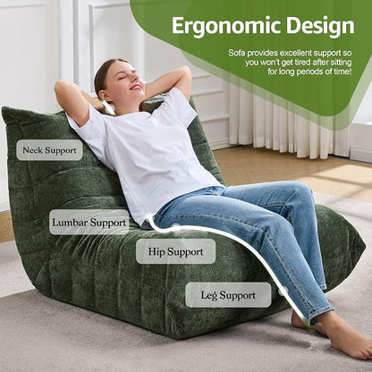 Hobestluk Adults Bean Bag Chair Faux Fur BeanBag Couch for Living Room | Green Chenille,Ergonomic Design,Memory Foam,UltraSoft,Anti-slip Bottom,No Assembly Required,Decorative Style for Living Room