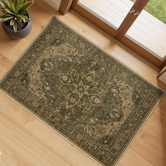 RELEANY Area Rugs Small 2'x4' Washable Non-Slip, Floral Vintage Distress Medallion Carpet for Kitchen Entryway Bathroom, Brown Dark Brown