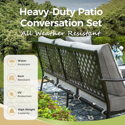 MIXPATIO Patio Couch Metal 3-Seat Outdoor Sofa Deep Seating Outdoor Furniture Grey Cushion for Front Porch, Deck, Balcony, Backyard, Sunroom