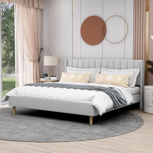 AGARTT Upholstered Platform Bed Frame King Size with Headboard and Footboard/Wooden Slats Support/No Box Spring Needed/Easy Assembly,Light Grey Linen