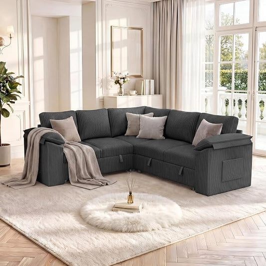 85 Inch Modular Sectional Sofa with Pull Out Couch Bed, L Shaped 5 Seat Sectional Couch with Storage, Corduroy Sectional Couches for Living Room, Cloud Modular Couch, Removable Sofa Cover, Dark Grey