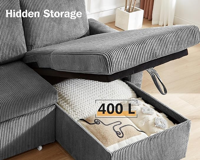Vipbear 80" Sectional Sleeper Sofa Bed with Pull Out Bed, L Shaped Couch Pull Out Couch with Reclining Backrest, Reversible Storage Chaise, USB Ports, Tool-Free Assembly, Corduroy Dark Grey