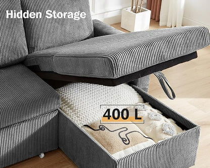 Vipbear 80" Sectional Sleeper Sofa Bed with Pull Out Bed, L Shaped Couch Pull Out Couch with Reclining Backrest, Reversible Storage Chaise, USB Ports, Tool-Free Assembly, Corduroy Dark Grey