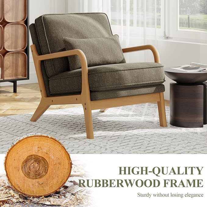 MALOL Accent Chair with Solid Wood Frame, Mid-Century Relaxing Armchair Lumbar Pillow& Soft Cushion, Reading Leisure Chair for Living Room, Bedroom, Waiting Room-Green
