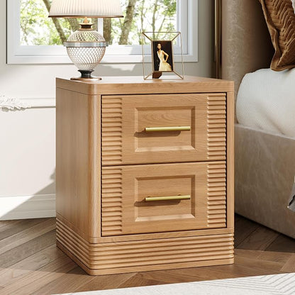RECHHX Small Dresser for Bedroom, Farmhouse Nightstand with 2 Drawer for Narrow Spaces, Thermoformed Curved End Table for Bedroom, Living Room, Natural Oak