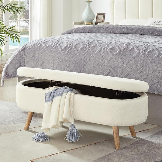 42.25" Ottoman with Storage, Storage Ottoman Bench with Safety Hinge, Foam End of Bed Bench, Upholstered Entryway Bench for Bedroom, Living Room & Window, Holds up to 330 lb, Ivory