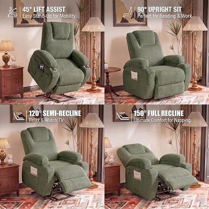 Flamaker Power Lift Recliner Chair Electric Lift Recliner for Elderly Power Lift Recliner Chair with Cup Holders Side Pockets for Living Room (Corduroy, Green)