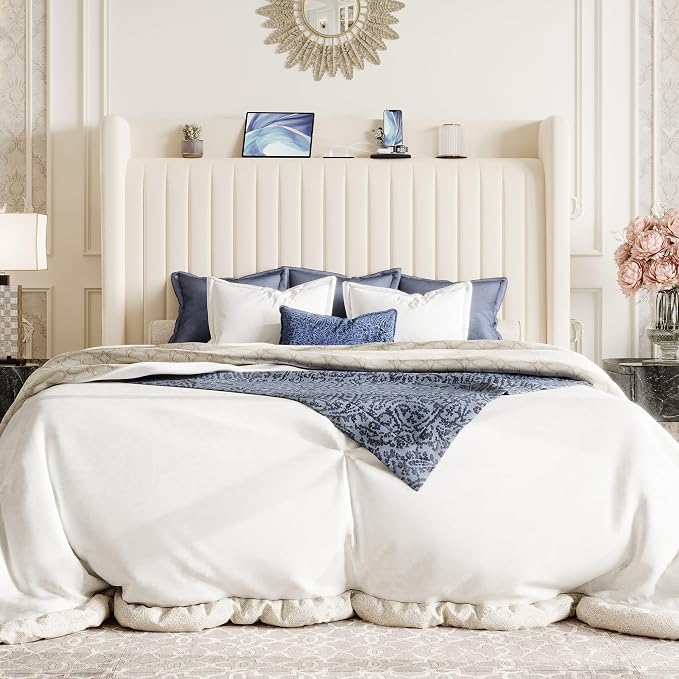 SHA CERLIN Full Size Velvet Bed Frame with USB Charging Station, Wingback Storage Headboard, Upholstered Platform Bed with Wooden Slats Support, No Box Spring Needed, Easy Assembly, Cream White