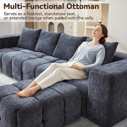 Large Boneless Ottoman, Upholstered Cloud Ottomans for Couch, Oversized Modern Foot Rest for Sectional Couches for Living Room, Foot Stools No Assembly Required, Tufted Ottoman, Blue
