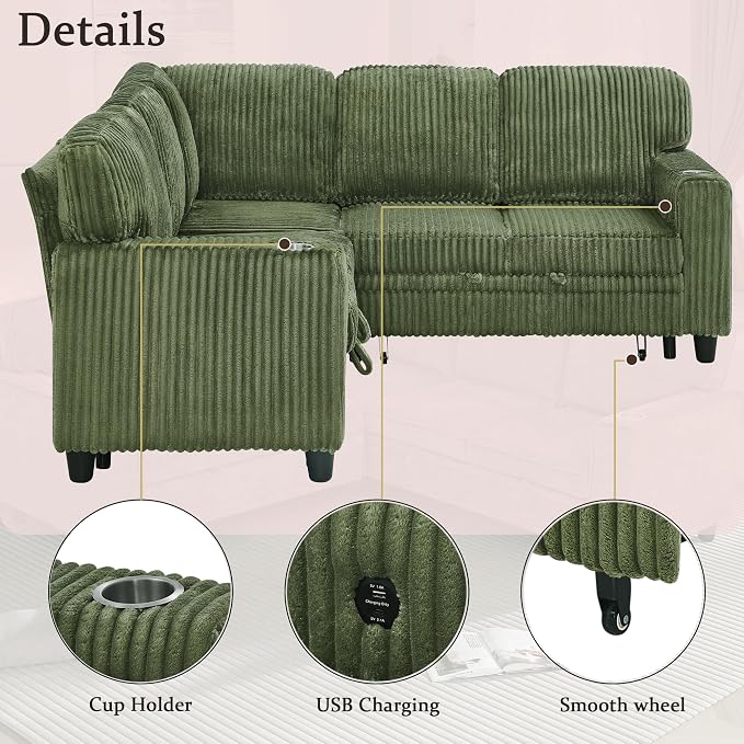 Sectional Sleeper Sofa with Pull Out Bed, Plush Corduroy L-Shaped Couch with Storage, USB Ports, Cup Holders, Comfy Sectional Couches for Living Room, Apartment, Green
