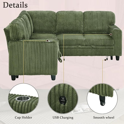 Sectional Sleeper Sofa with Pull Out Bed, Plush Corduroy L-Shaped Couch with Storage, USB Ports, Cup Holders, Comfy Sectional Couches for Living Room, Apartment, Green