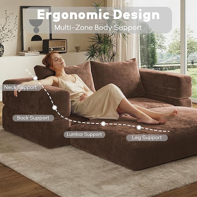 75'' Folding Convertible Sofa Bed with Large Pillow, 4-in-1 Foldable Pull Out Futon Sofa Bed, Chenille Boneless Mattress Couch, No Assembly Floor Sleeper Sofa Bed for Living Room/Bedroom, Caramel