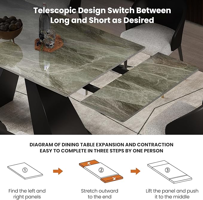 Modern Telescoping Dining Table for 8-10 People, 63-94.5 Inch Retractable Italian Grey Faux Marble Tabletop Thick Carbon Steel Base for Dining Room Kitchen Family Party