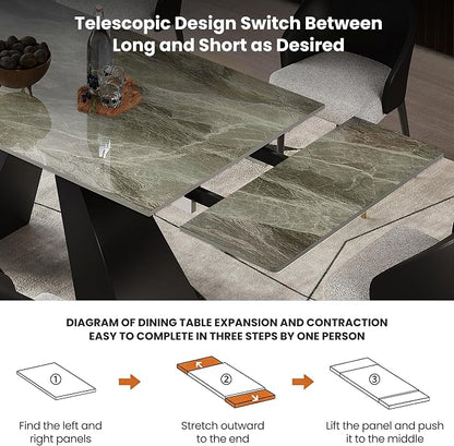 Modern Telescoping Dining Table for 8-10 People, 63-94.5 Inch Retractable Italian Grey Faux Marble Tabletop Thick Carbon Steel Base for Dining Room Kitchen Family Party