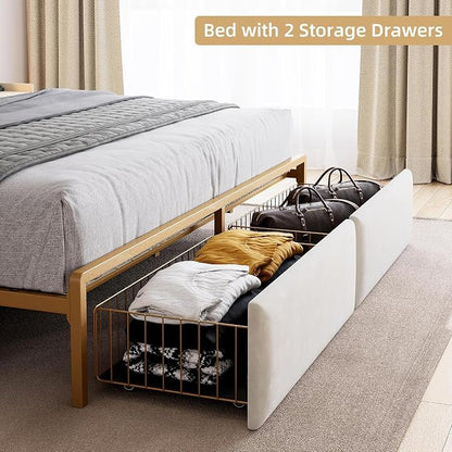 IDEALHOUSE King Size Bed Frame with Storage Headboard and 2 Drawers, Platform Metal King Bed Frame with LED Lights and Charging Station, Noise Free, No Box Spring Needed, White
