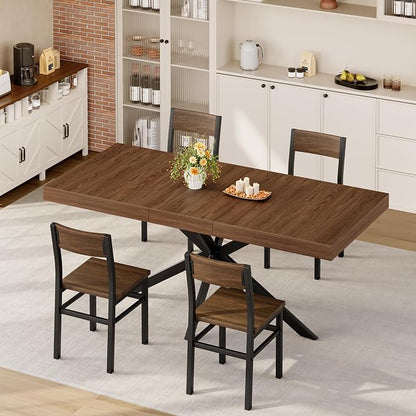 5-Piece Dining Table Set for 4 6 8, Large 55"-70.9" Extendable Dining Room Table Rectangle with Kitchen Chairs of 4, MDF Wood & Metal Frame for Apartment Kitchen Saving Space, Rustic Farmhouse, Walnut