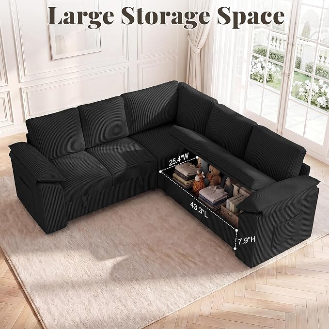 85 Inch Sectional Sleeper Sofa Bed with Pull Out Couch, U Shaped 5 Seat Cloud Modular Sectional Sofa with Storage, Corduroy Sectional Couches for Living Room, Removable Sofa Cover, Dark Grey
