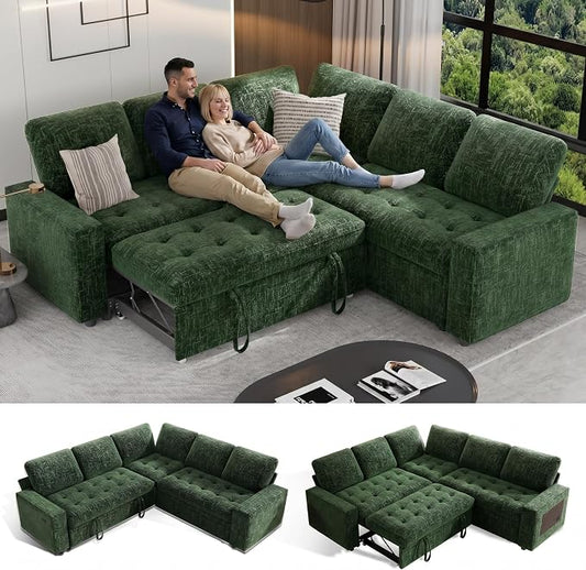 Sunny Heart Modular Sectional Sleeper Sofa with Pull Out Bed, Chenille L Shaped Sectional Sofa with USB Ports/Adjustable Backrest/Storage Seats, Tool-Free Assembly, Couches for Living Room Green