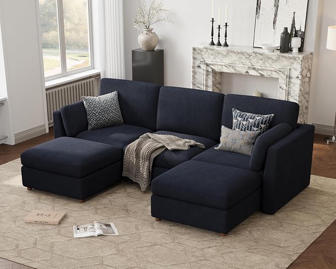 Oversized Modular Sectional Sofa U-Shaped Cloud Couches Blue | 116'' Deep Seat Couch for Living Room, 5-Seater Luxury Corner sofa with Ottoman, Solid Wood Frame, Removable Washable Cover