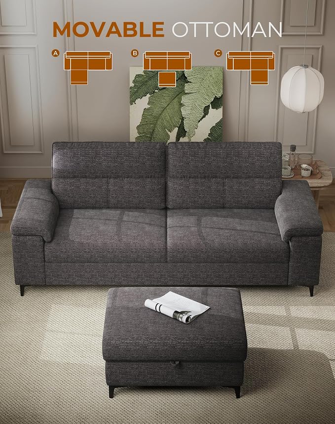 88.97" L Shaped Sectional Couches for Living Room, Deep Seat Sofa with Storage Ottoman & 8”Cushion, Comfy 2-Seater Chenille Loveseat, Convertible Armrest, Removable Cover for Small Space(Dark Gray)
