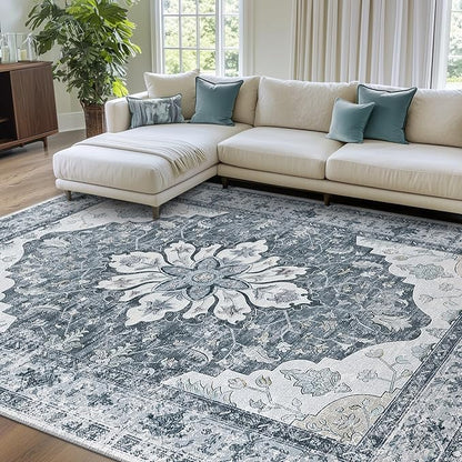 RELEANY Area Rugs 7'x9' Washable Non-Slip, Floral Vintage Distress Medallion Carpet for Living Room Bedroom Dining Room, Light Gray Grey White