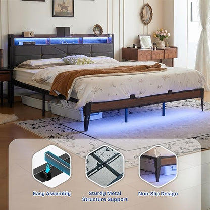 King bed frame with headboard, Upholstered Platform Bed Frame with Charging Station, Dual LED Light Strips, 2-Tier Storage Shelves, Heavy Duty Metal bed frame, Noise-Free, No Box Spring Needed, Black