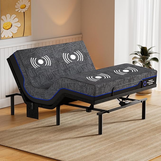 Amada Full Adjustable Bed Frame and 12 Inch Cooling Gel Memory Foam Mattress Set, Massage, Head & Foot Incline, Wireless Remote, USB Ports, LED Night Light, Medium Firm Support