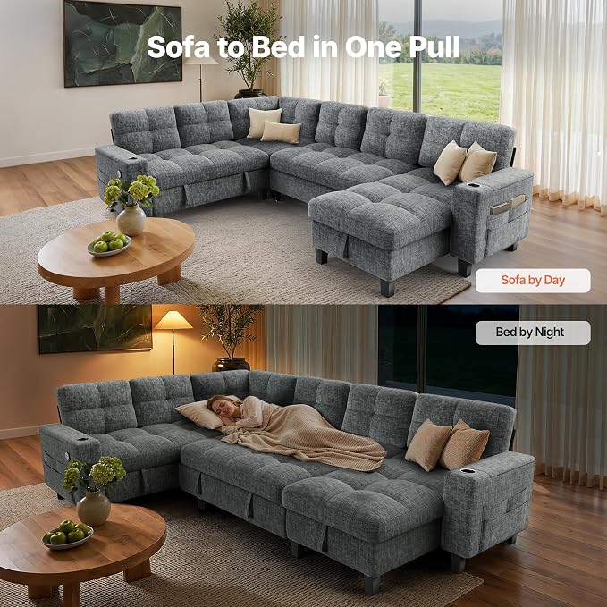AMADA HOMEFURNISHING 110″ Modular Sectional Sleeper Sofa with Pull Out Couch, U Shaped 7 Seat Sectional Sofa with Storage, USB Ports & Cup Holders, Chenille Cloud Couches for Living Room, Light Gray