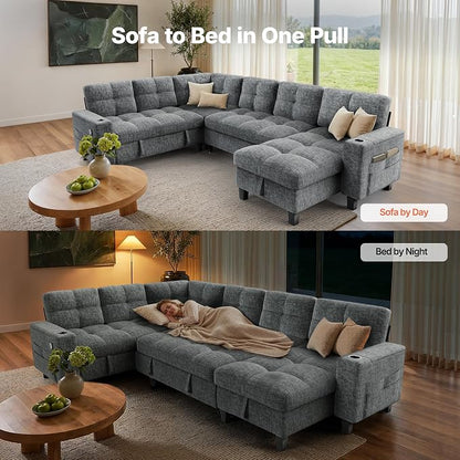 AMADA HOMEFURNISHING 110″ Modular Sectional Sleeper Sofa with Pull Out Couch, U Shaped 7 Seat Sectional Sofa with Storage, USB Ports & Cup Holders, Chenille Cloud Couches for Living Room, Light Gray
