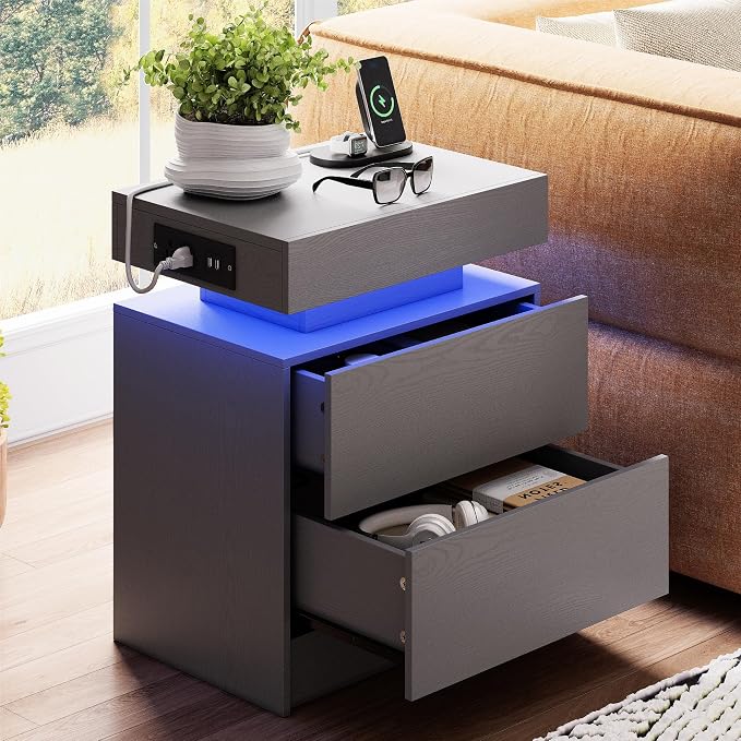 LIKIMIO Nightstand with Charging Station LED Light and 2 Drawers Grey | charging station; LED light; 2 smooth glide drawers; 13.8 D x 18.9 W x 23.6 H in; Grey wood grain