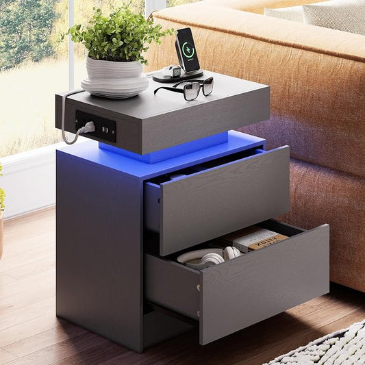 LIKIMIO Nightstand with Charging Station LED Light and 2 Drawers Grey | charging station; LED light; 2 smooth glide drawers; 13.8 D x 18.9 W x 23.6 H in; Grey wood grain