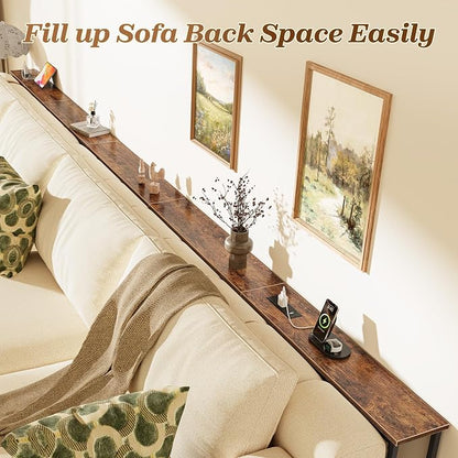SUPERJARE 133.8 Inch Sofa Table with 2 Power Outlets and USB-C Ports, 5.9 Inch Narrow Console Table with Storage, Extra-Long, for Entryway Hallway Couch Behind Sofa, Small Spaces, Rustic Brown