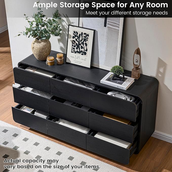 Standifurno Dresser for Bedroom, Modern Cuved Dresser with 9 Drawers,Black Dresser with Handleless Design, Closet Storage Dresser, 15.43" D x 57" W x 28.3" H (9 Drawers)