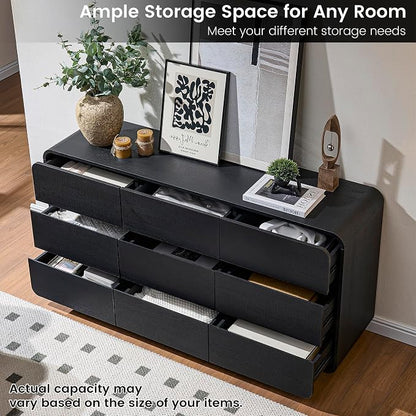 Standifurno Dresser for Bedroom, Modern Cuved Dresser with 9 Drawers,Black Dresser with Handleless Design, Closet Storage Dresser, 15.43" D x 57" W x 28.3" H (9 Drawers)
