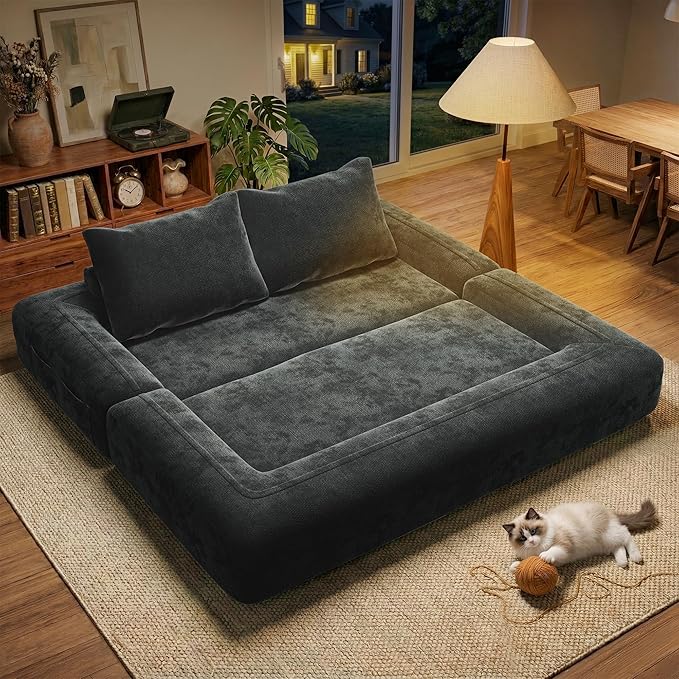 75'' Folding Convertible Sofa Bed with Large Pillow, 4-in-1 Foldable Pull Out Futon Sofa Bed, Chenille Boneless Mattress Couch, No Assembly Floor Sleeper Sofa Bed for Living Room/Bedroom, Dark Gray