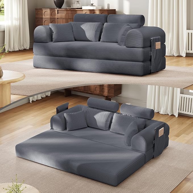 Upgrade High Backrest Design Sofa Bed with Fixed-Shape Frame & Removable Armrests and Backrest, Corduroy Fabric, Convertible Couch for Small Spaces - No Assembly Needed (Dark Gray)