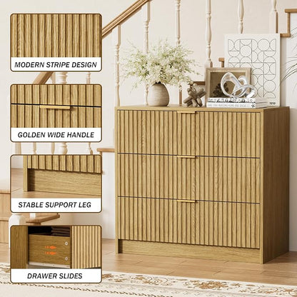 Furniway Mid Century Modern Dresser for Bedroom, 3 Drawer Wood Dresser with Fluted Front and Gold Handles, Chest of Drawers for Living Room, Hallway, Closet, Natural Oak