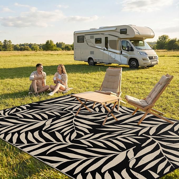 Smiry Outdoor Rug 6x9 ft, Waterproof Reversible Plastic Straw Rugs, Outdoor Area Rug with Leaf Pattern, Outside Floor Mat for Patio, Backyard, Deck, Picnic, Beach, Camping, Black & Beige