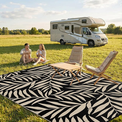 Smiry Outdoor Rug 6x9 ft, Waterproof Reversible Plastic Straw Rugs, Outdoor Area Rug with Leaf Pattern, Outside Floor Mat for Patio, Backyard, Deck, Picnic, Beach, Camping, Black & Beige