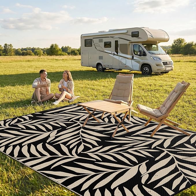 Smiry Outdoor Rug 8x10 ft, Waterproof Reversible Plastic Straw Rugs, Outdoor Area Rug with Leaf Pattern, Outside Floor Mat for Patio, Backyard, Deck, Picnic, Beach, Camping, Black & Beige