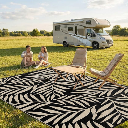 Smiry Outdoor Rug 8x10 ft, Waterproof Reversible Plastic Straw Rugs, Outdoor Area Rug with Leaf Pattern, Outside Floor Mat for Patio, Backyard, Deck, Picnic, Beach, Camping, Black & Beige