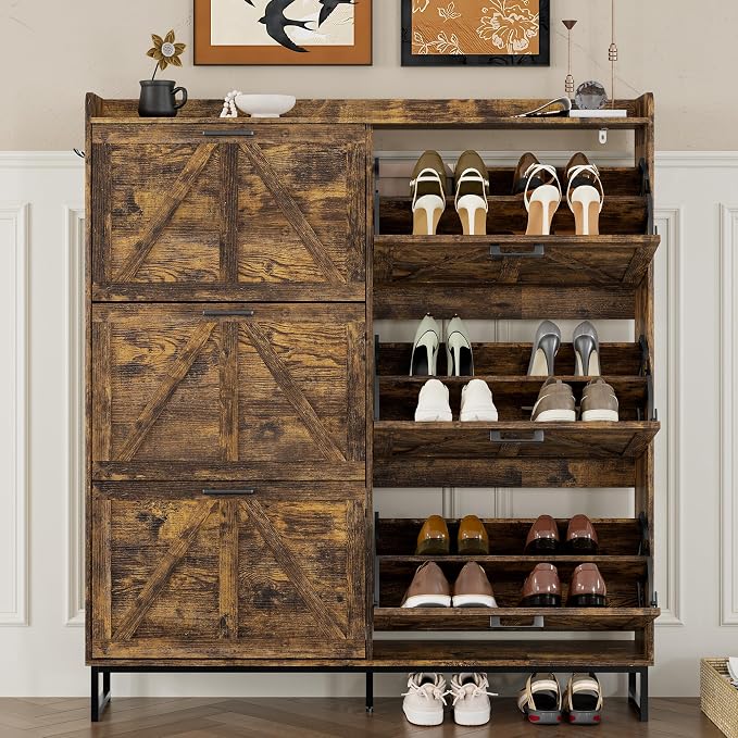 BORNOON Shoe Cabinet with 6 Flip Drawers Narrow Shoe Storage Cabinet Organizer Wooden Freestanding Shoe Rack Hidden Slim Shoes Storage Cabinet for Entryway, Hallway, Living Room, Bedroom