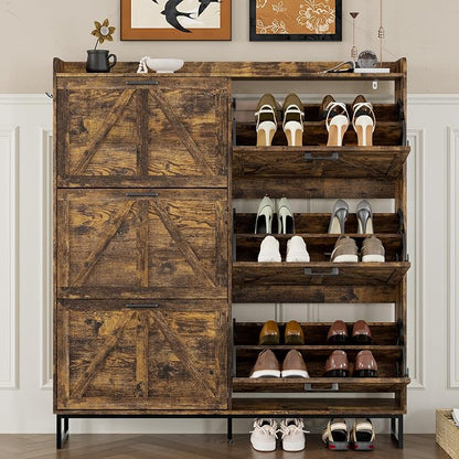 BORNOON Shoe Cabinet with 6 Flip Drawers Narrow Shoe Storage Cabinet Organizer Wooden Freestanding Shoe Rack Hidden Slim Shoes Storage Cabinet for Entryway, Hallway, Living Room, Bedroom