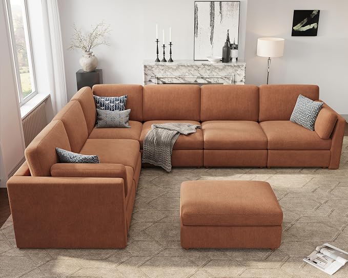 Oversized Modular Sectional Sofa V-Shaped Cloud Couches Brown | Large Deep Seat Couch for Living Room, 7-Seater Luxury Corner Sofa with Ottoman, Solid Wood Frame, Removable Washable Cover