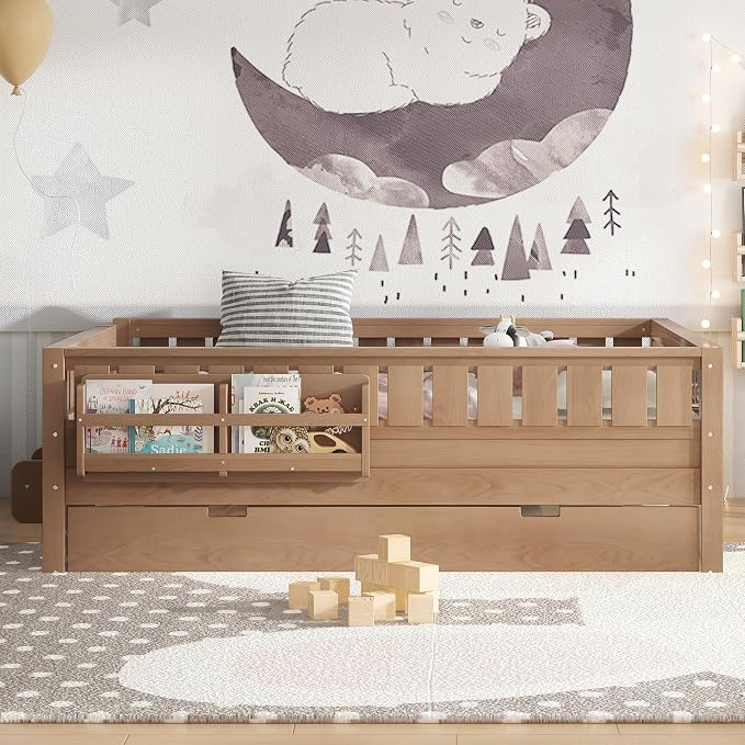 Bellemave Full Kids Montessori Bed with Stairs, Bookshelf and Trundle, Solid Wood Kids Bed Frame with Storage for Boys Girls, Low Profile,Natural