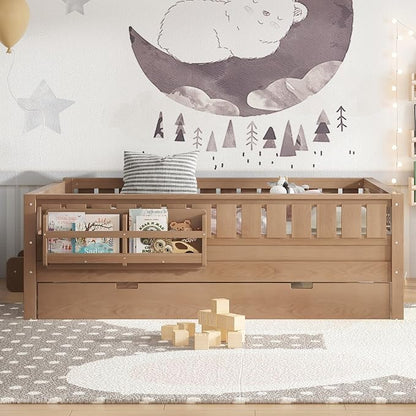 Bellemave Full Kids Montessori Bed with Stairs, Bookshelf and Trundle, Solid Wood Kids Bed Frame with Storage for Boys Girls, Low Profile,Natural