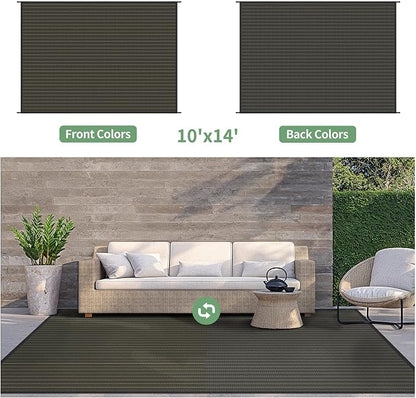 GENIMO Outdoor Rug for Patio Clearance, 10'x14' Reversible Plastic Straw Rugs, Lightweight Waterproof RV Camping Mat for Camper, Balcony, Deck, Backyard, Picnic, Black & Brown